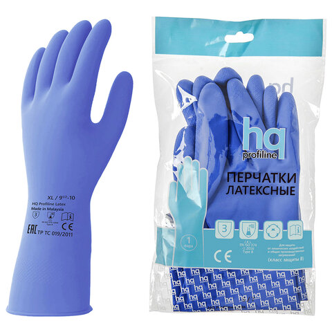 Перчатки латексные КЩС, сверхпрочные, плотные, хлопковое напыление, размер 9,5-10, XL (очень большой), синие, HQ Profiline, 74736 - фото 1
