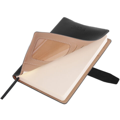 Ежедневник датированный 2026, А5, 143х218 мм, BRAUBERG "Journal", под кожу, застежка, держатель для ручки, органайзер, черный, 117382 - фото 4