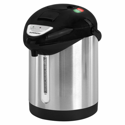Термопот SONNEN TP-28, 3 л, 900 Вт, 1 температурный режим, ручной насос, сталь, черный/серебро, 456712 - фото 1