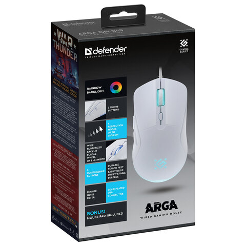 Мышь проводная DEFENDER Arga GM-049, 1200/1800/2400/3600 dpi, 5 кнопок + 1 колесо-кнопка, белый, 52048 - фото 6