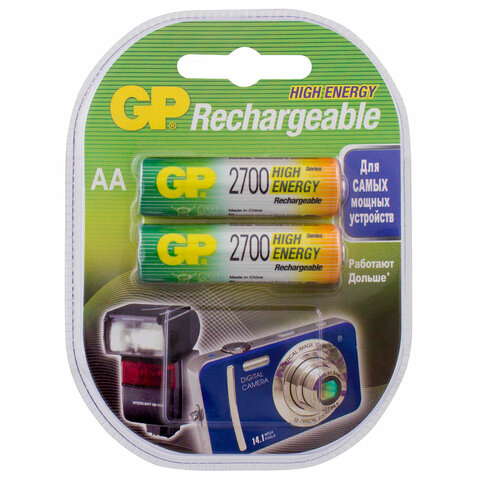 Батарейки аккумуляторные Ni-Mh пальчиковые КОМПЛЕКТ 2 шт. АА (HR6) 2650 mAh, GP, 270AAHC-2DECRC2 - фото 1