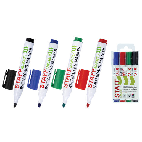 Маркеры стираемые для белой доски, НАБОР 4 ЦВЕТА, STAFF "MANAGER" WBM-300, 3 мм, с клипом, 152637 - фото 3