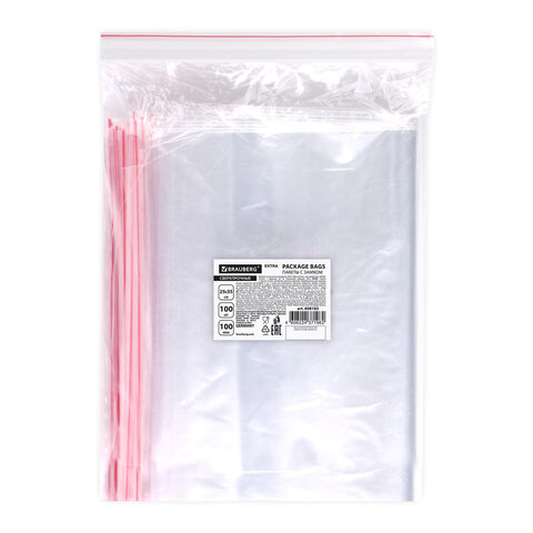 Пакеты ZIP LOCK "зиплок" СВЕРХПРОЧНЫЕ, комплект 100 шт., 250х350 мм, ПВД, 100 мкм, BRAUBERG EXTRA, 608183 - фото 1