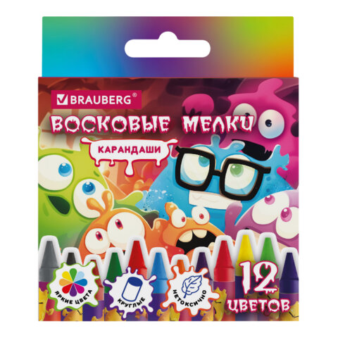 Восковые мелки BRAUBERG "МОНСТРИКИ", 12 цветов, 273238 - фото 1