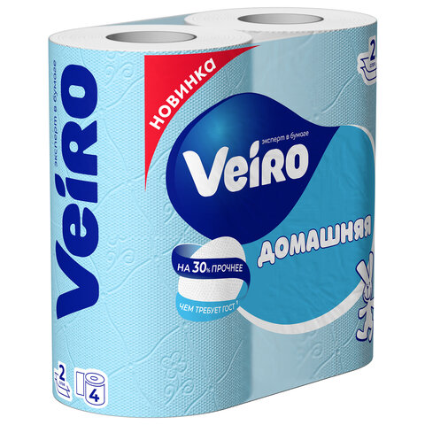 Бумага туалетная бытовая, спайка 4 шт., 2-х слойная (4х15 м), VEIRO "Домашняя", белая, 1с24 - фото 1