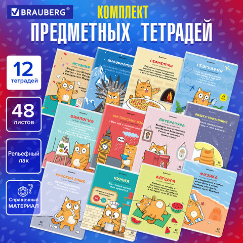 Тетради предметные, КОМПЛЕКТ 12 ПРЕДМЕТОВ, 48 л., TWIN-лак, BRAUBERG, "КОТ-ЭНТУЗИАСТ", 404609 - фото 18