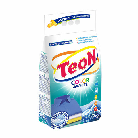 Стиральный порошок для всех типов стирки 9 кг TEON Color&White, бесфосфатный, 650 - фото 1