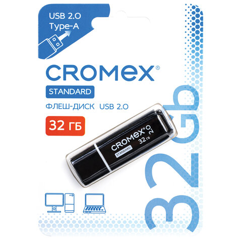 Флеш-диск 32 GB, CROMEX (КРОМЕКС) Standard USB 2.0, черный, 514159 - фото 1