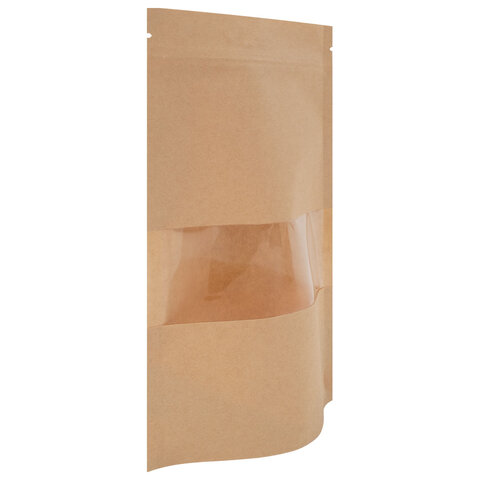 Пакеты дой-пак с замком ZIP LOCK, крафт с окном 50 мм, 120х200 + 40 мм, КОМПЛЕКТ 100 штук, 150 мкм, BRAUBERG, 700689 - фото 2