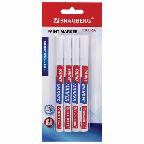 Маркер-краска лаковый EXTRA (paint marker) 2 мм, БЕЛЫЕ, НАБОР 4 шт., УСИЛЕННАЯ НИТРО-ОСНОВА, BRAUBERG, 151995 - фото 1