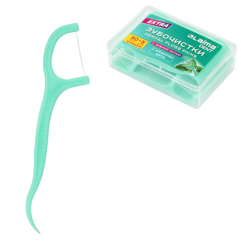 Зубочистки-флоссеры с зубной нитью "50 шт. + 5 в подарок!", в боксе, ВКУС МЯТЫ, LAIMA DENT, 609405 - фото 1