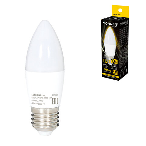 Лампа светодиодная SONNEN EXTRA, 10 (85) Вт, Е27, свеча, теплый белый, 30000 ч, LED C37-10W-2700-Е27, 457906 - фото 1