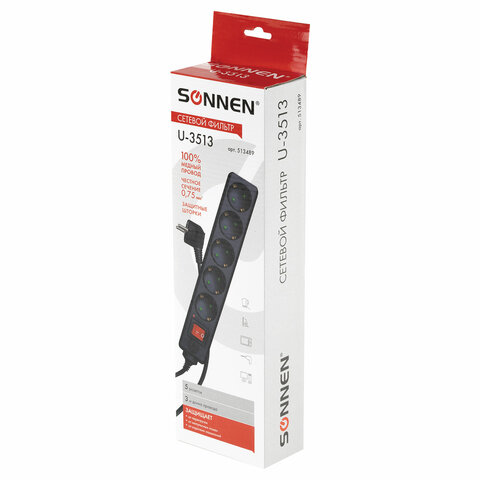 Сетевой фильтр SONNEN U-3513, 5 розеток, с заземлением, выключатель, 10 А, 3 м, черный, 513489 - фото 1