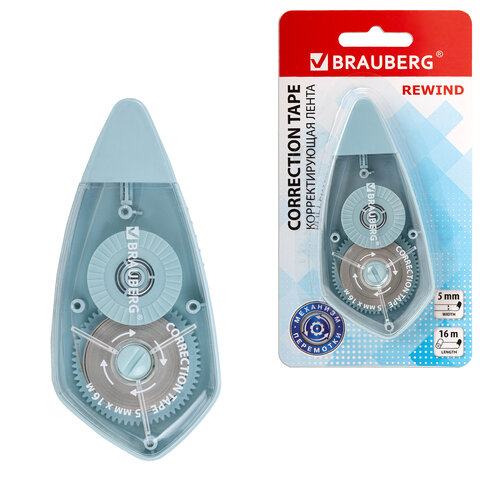 Корректирующая лента BRAUBERG REWIND, 5 мм х 16 м, механизм перемотки, корпус зеленый, блистер, 272489, 272490 - фото 1