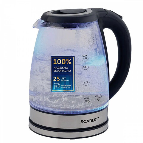 Чайник SCARLETT SC-EK27G88, 1,8 л, 1800 Вт, закрытый нагревательный элемент, стекло, черный - фото 1