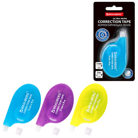 Корректирующая лента BRAUBERG ULTRA NEON, 5 мм х 8 м, цвет ассорти, блистер, 272664 - фото 1