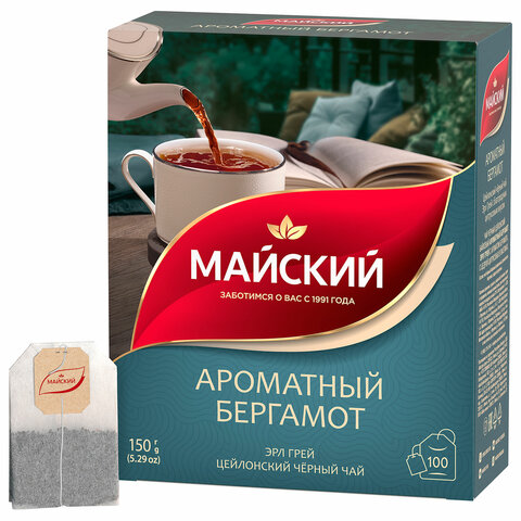 Чай МАЙСКИЙ "Ароматный бергамот" черный цейлонский байховый, 100 пакетиков по 1,5 г, 102627 - фото 1