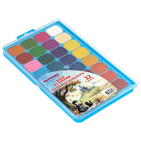 Краски акварельные ЮНЛАНДИЯ "ЮНЫЙ ВОЛШЕБНИК" медовые, 32 цвета, КЛАССИЧЕСКИЕ, пластиковый пенал с европодвесом, 192812 - фото 3