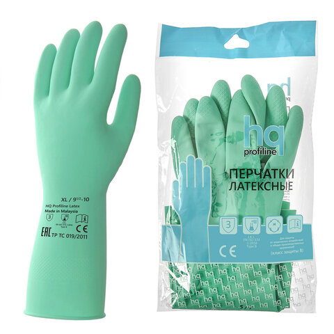 Перчатки латексные КЩС, сверхпрочные, плотные, хлопковое напыление, размер 9,5-10, XL (очень большой), зеленые, HQ Profiline, 73589 - фото 1