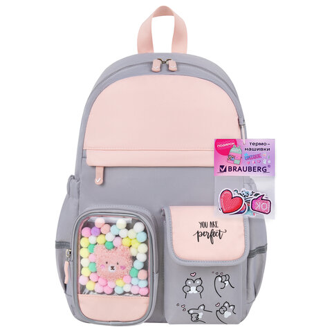 Рюкзак BRAUBERG PASTEL с термонашивками в комплекте, "Sweet paws", серый, 40х29х14 см, 272064 - фото 8