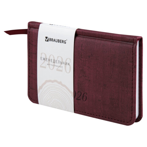 Еженедельник датированный 2026 МАЛЫЙ ФОРМАТ 95х155 мм, А6, BRAUBERG "Wood", под кожу, бордо, 117196 - фото 1