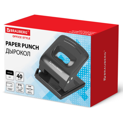 Дырокол металлический BRAUBERG "Office style", до 40 листов, черный, 273955 - фото 2
