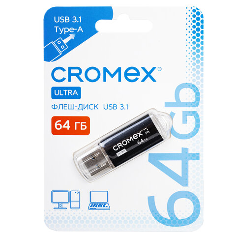 Флеш-диск 64 GB, CROMEX (КРОМЕКС) Ultra USB 3.1, металлический корпус, черный, 514164 - фото 1