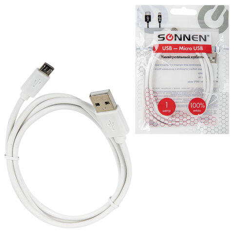 Кабель USB2.0 – micro USB, 1 м, SONNEN, медь, для передачи данных и зарядки, белый, 513557 - фото 1