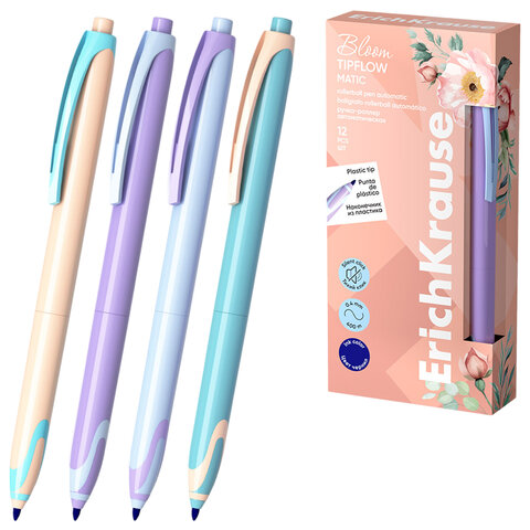 Ручка-роллер автоматическая ERICH KRAUSE "TipFlow Pastel Bloom", СИНЯЯ, корпус ассорти, 0,4 мм, 63705 - фото 1