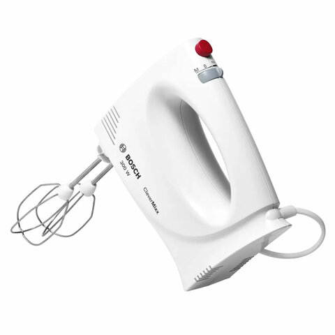Миксер BOSCH MFQ3010, 300 Вт, 2 скорости, 2 венчика, 2 крюка для теста, белый - фото 1