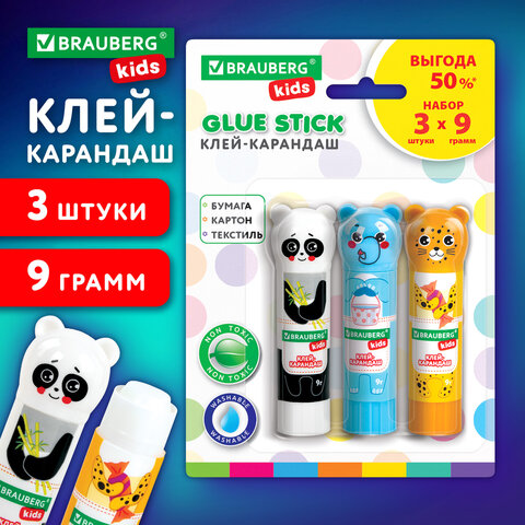 Клей-карандаш "Зверята: панда, слон, леопард" 9 г, фигурный колпачок, 3 шт./блистер, BRAUBERG KIDS, 272473 - фото 9