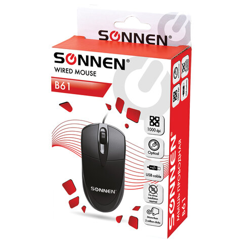 Мышь проводная SONNEN B61, USB, 1000 dpi, 2 кнопки + колесо-кнопка, оптическая, черная, 513513 - фото 9