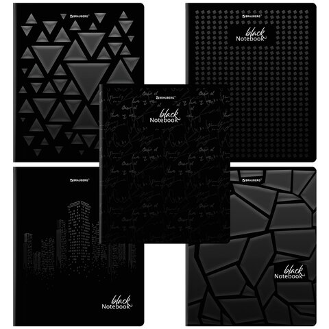 Тетрадь А5, 48 л., BRAUBERG, скоба, клетка, матовая ламинация, выборочный лак, "Black" (микс в спайке), 404375 - фото 1