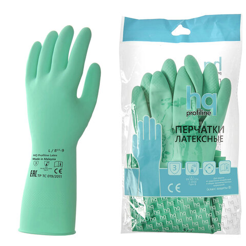Перчатки латексные КЩС, сверхпрочные, плотные, хлопковое напыление, размер 8,5-9, L (большой), зеленые, HQ Profiline, 73586 - фото 1