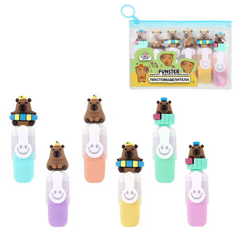 Набор текстовыделителей с топперами 6 ЦВЕТОВ ПАСТЕЛЬ, "КАПИБАРЫ", линия 1-4 мм, FUNSTER (ФАНСТЕР), 152651 - фото 1