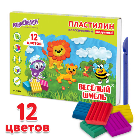 Пластилин классический ЮНЛАНДИЯ "ВЕСЁЛЫЙ ШМЕЛЬ", 12 цветов, 204 г, СО СТЕКОМ, КВАДРАТНЫЙ, 104823 - фото 8