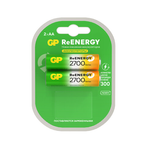 Батарейки аккумуляторные GP ReEnergy Ni-Mh пальчиковые КОМПЛЕКТ 2 шт., АА (HR6), 2600 mAh, 270AAHCRGY, 270AAHCRGY-2CR - фото 1