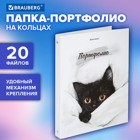 Папка-портфолио универсальная, 4 кольца, 20 файлов, 7БЦ матовая, BRAUBERG "Cat", 107557, 117557 - фото 5