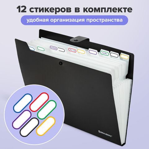 Папка-органайзер на кнопке 12 отделений, BRAUBERG "Extra", А4, черная с белым, 271930 - фото 11