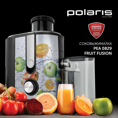 Соковыжималка POLARIS PEA 0829 Fruit Fusion, 800 Вт, стакан 0,35 л, емкость жмыха 1 л, пластик, сталь/черный, 15935 - фото 1