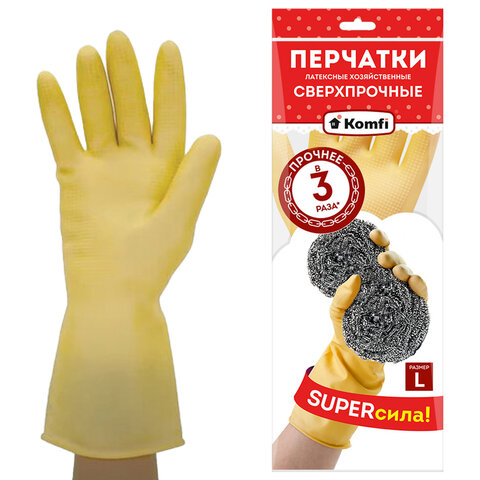 Перчатки МНОГОРАЗОВЫЕ латексные SUPER СИЛА СВЕРХПРОЧНЫЕ, бежевые, размер L (большой), вес 98 г, Komfi, ADM, 20074 - фото 1