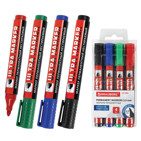 Маркеры перманентные BRAUBERG ULTRA MARKER, НАБОР 4 ЦВЕТА, круглый наконечник 3,5 мм, 152208 - фото 1