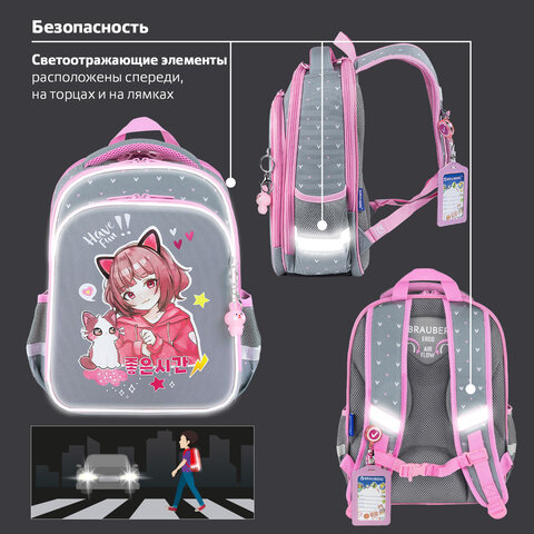 Ранец BRAUBERG QUADRO, 3 отделения, с брелком, "Anime friends", 37х28х18 см, 272022 - фото 16