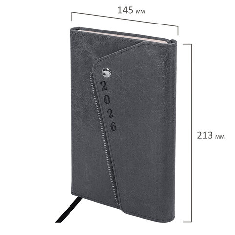 Ежедневник датированный 2026, А5, 145х213 мм, BRAUBERG "Jacket", под кожу, клапан, держатель, серый, 117403 - фото 2