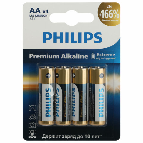 Батарейки алкалиновые "пальчиковые" КОМПЛЕКТ 4 шт., PHILIPS Premium Alkaline, АА (LR6, 24А), блистер, Б0062753 - фото 1