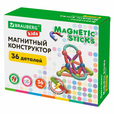 Магнитный конструктор MAGNETIC STICKS, 36 магнитных деталей, BRAUBERG KIDS, 665721 - фото 1