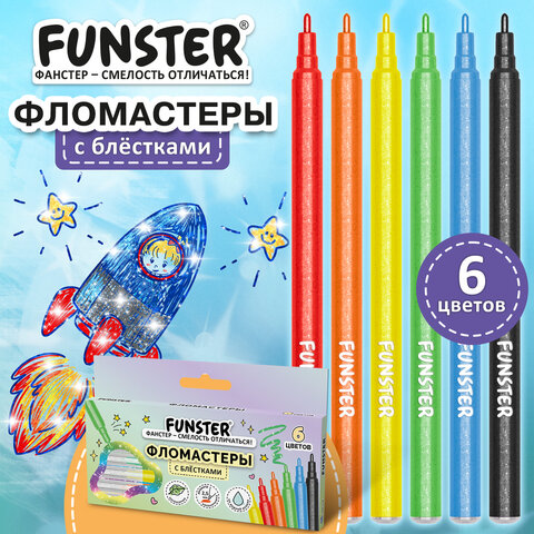 Фломастеры с блестками FUNSTER (ФАНСТЕР) "GLITTER" 6 цветов, ударопрочный наконечник, 152628 - фото 6