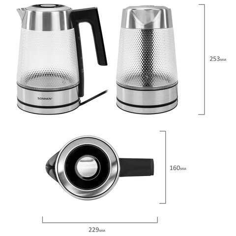 Чайник электрический с терморегулятором SONNEN KT-1809D, 1,8 л, 2200 Вт, 5 цветов подсветки, 5 температур, стекло текстура ромб, 455141 - фото 14