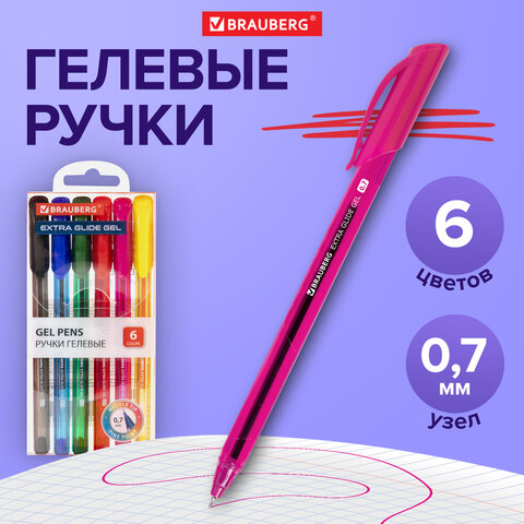 Ручки гелевые BRAUBERG "Extra Glide Gel", НАБОР 6 ЦВЕТОВ, трехгранные, игольчатый наконечник 0,7 мм, линия 0,5 мм, 144078 - фото 10