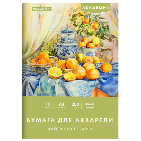 Папка для акварели А4, 210х297 мм, 10 листов, 200 г/м2, BRAUBERG АКАДЕМИЯ (ДЭК), "Апельсины", 117743 - фото 1
